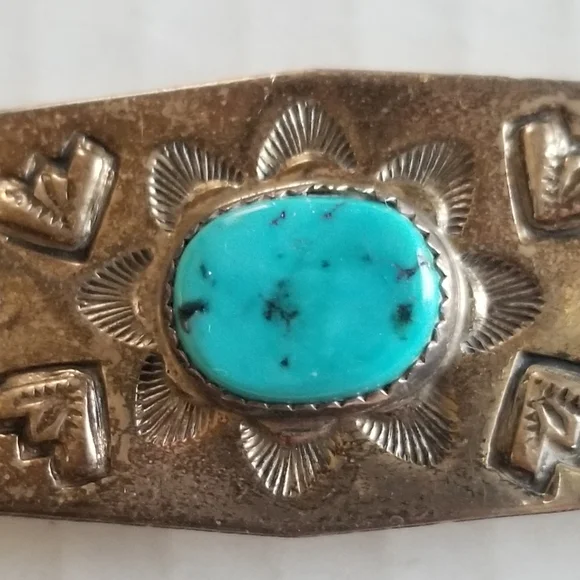 Vintage Signed Navajo Handcrafted Sterling Silver & Turquoise Hair Barrette - Picture 2 of 4